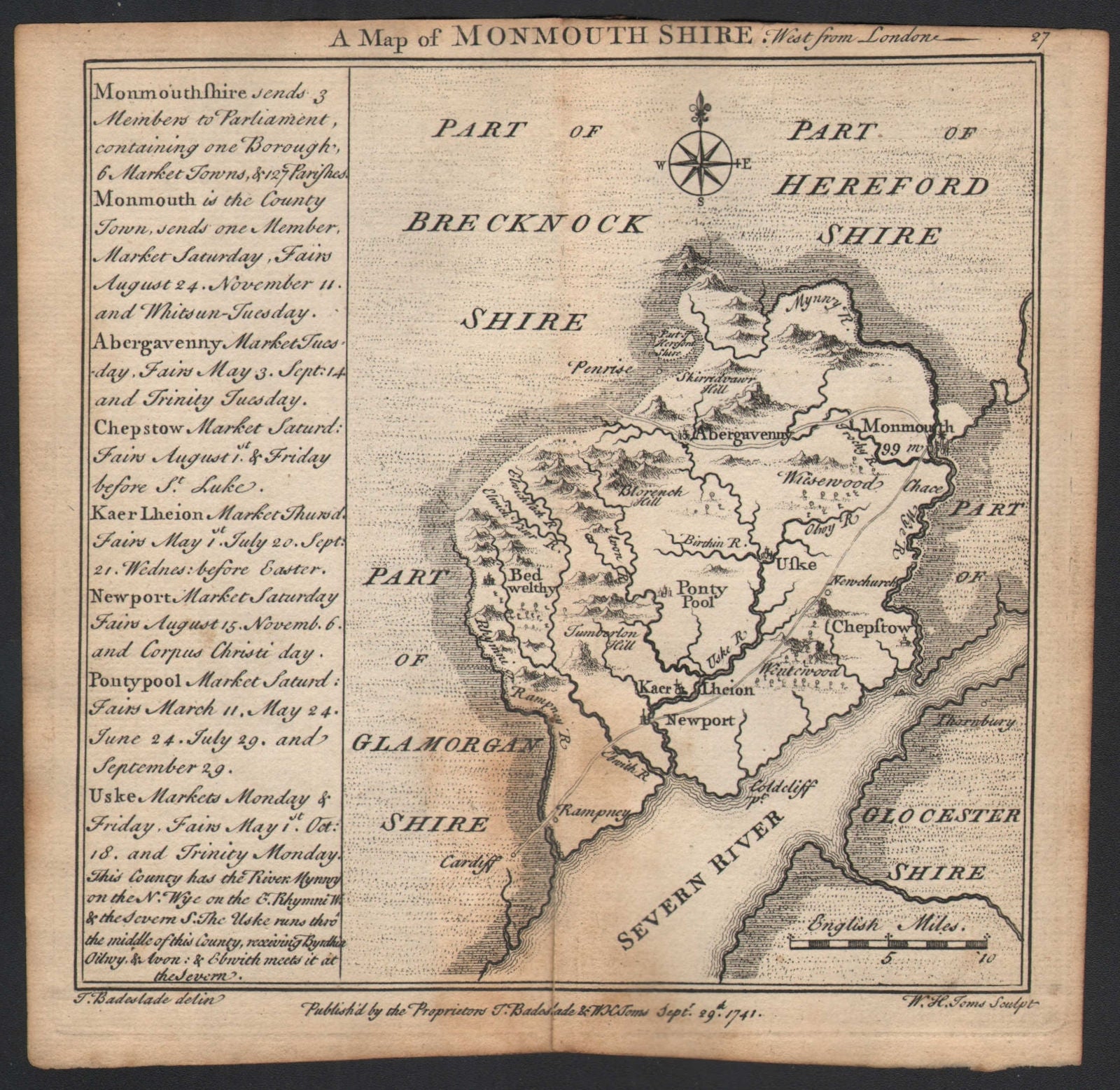 Antique county map of Monmouthshire by Badeslade & Toms 1742 old